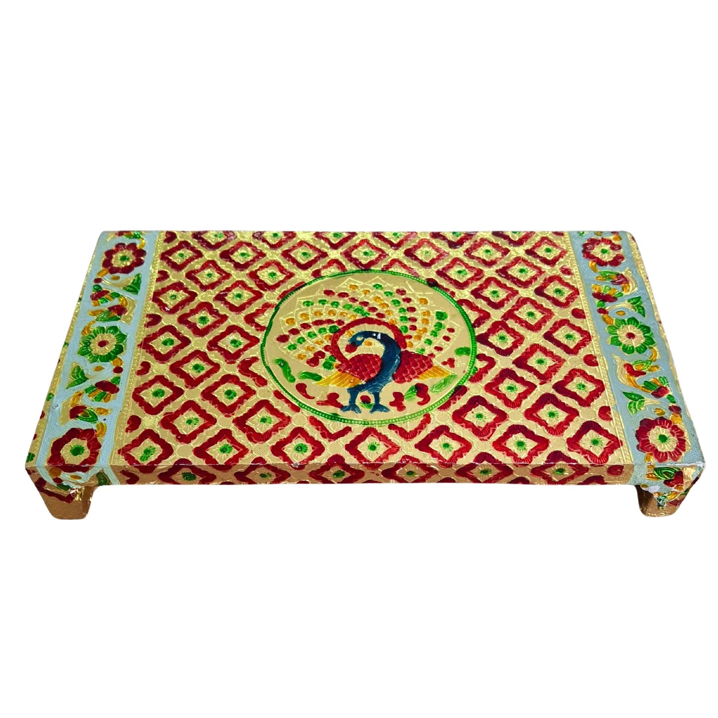 Chowki de madera para puja con forma de rectángulo dorado | Golden Rectangle Wooden Chowki for Pooja
