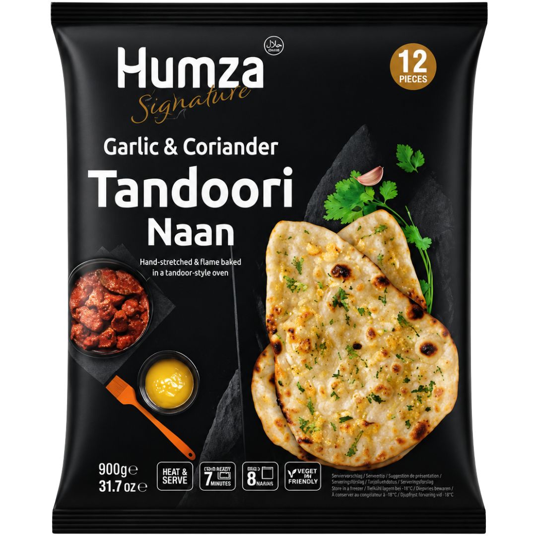 Pan de Naan al horno de ajo y cilantro (Congelado) | Tandoori Garlic & Coriander Naan 300g/4pcs. Humza (Frozen)