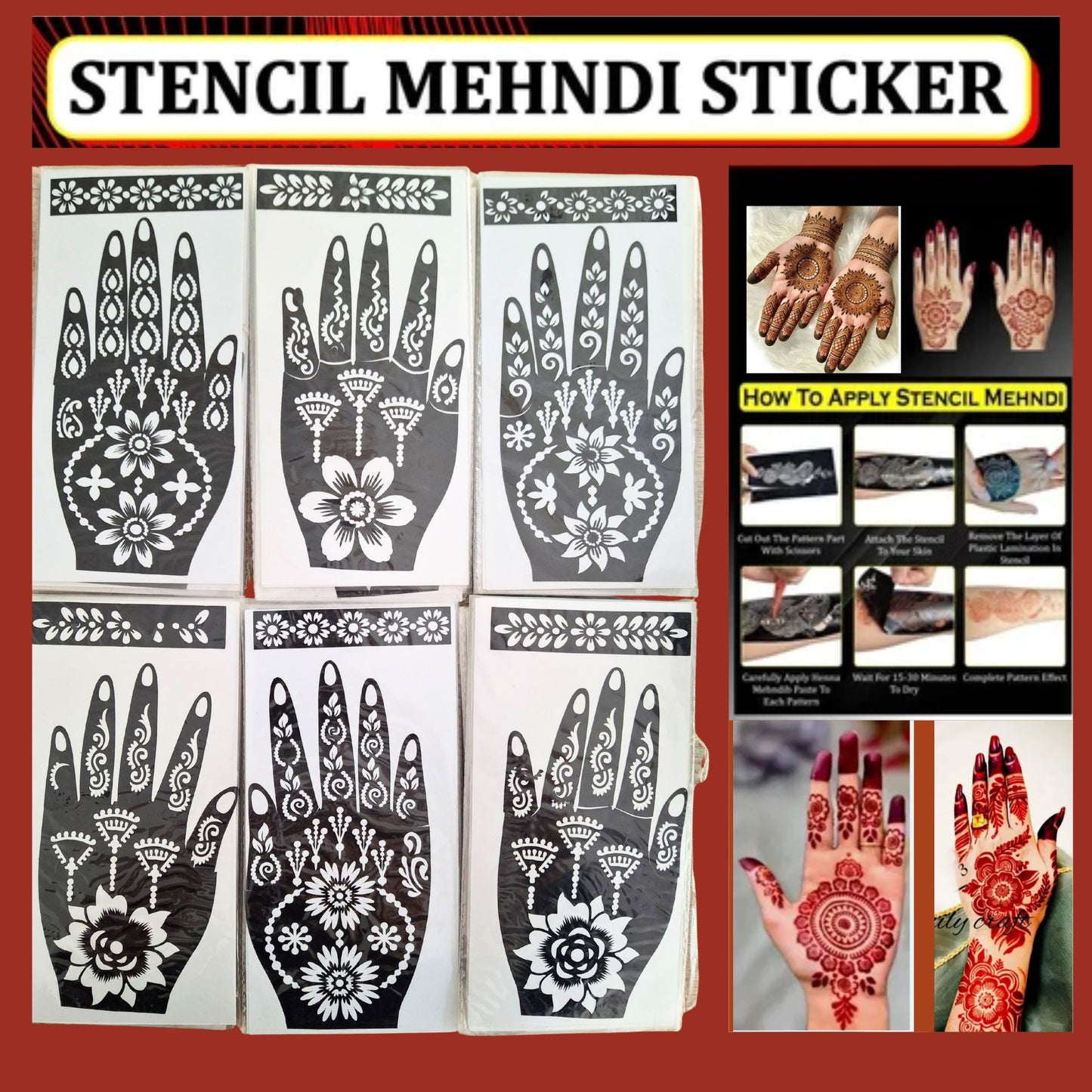 Plantillas de tatuajes de henna (Mehandi) | Henna Tattoo (Mehandi) Stencils design stickers 1pcs.