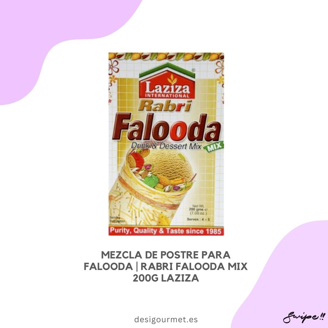 Mezcla Laziza Rabri Falooda Drink & Dessert Mix, paquete de 200g disponible en Desi Gourmet Madrid.