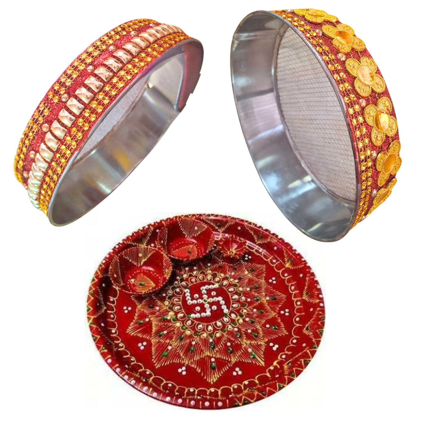 Tamiz para Karwa Chauth pooja | Karwa Chauth Stainless Steel Channi/ Chalni (Red) 1 pcs.