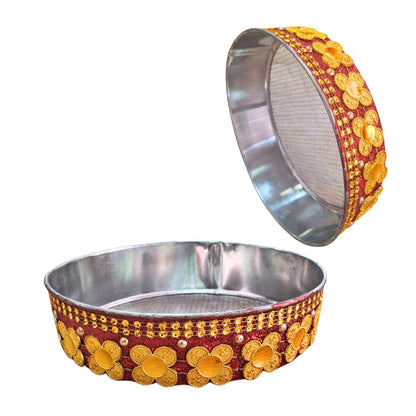Tamiz para Karwa Chauth pooja | Karwa Chauth Stainless Steel Channi/ Chalni (Red) 1 pcs.