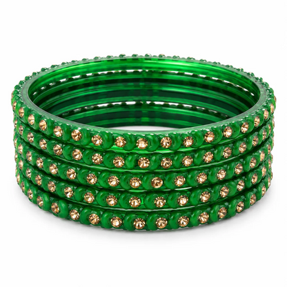 Pulsera | Green Stone Studded Glass Bangles - 6 pieces (size -2.6)