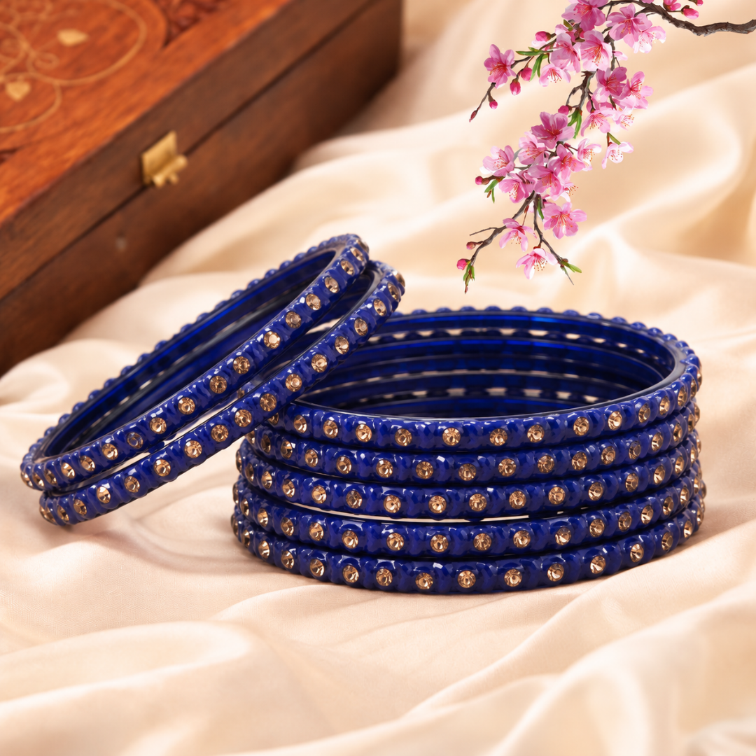Pulsera | Blue Stone Studded Glass Bangles - 6 pieces (size -2.6)