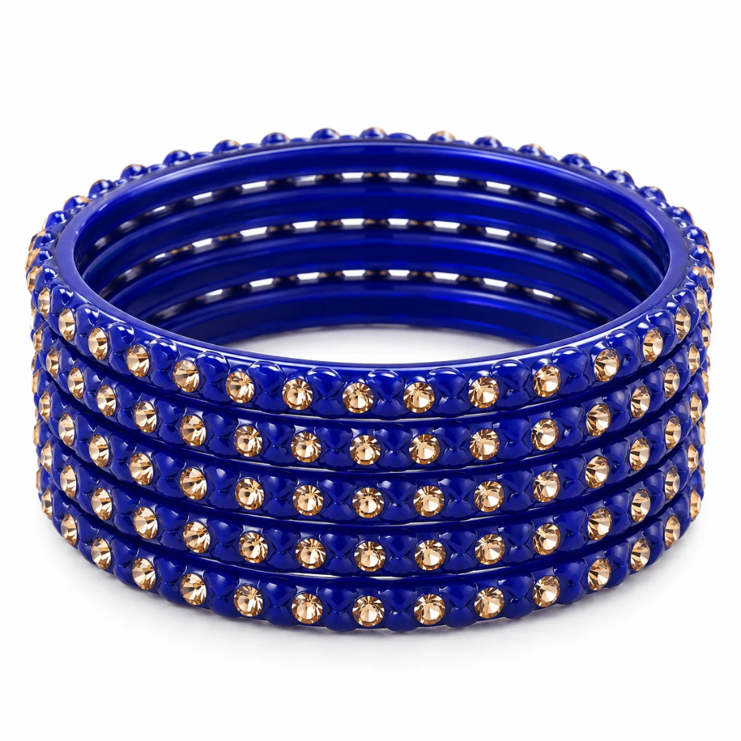 Pulsera | Blue Stone Studded Glass Bangles - 6 pieces (size -2.6)