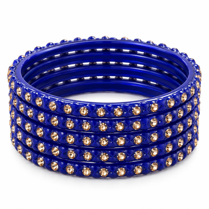 Pulsera | Blue Stone Studded Glass Bangles - 6 pieces (size -2.6)