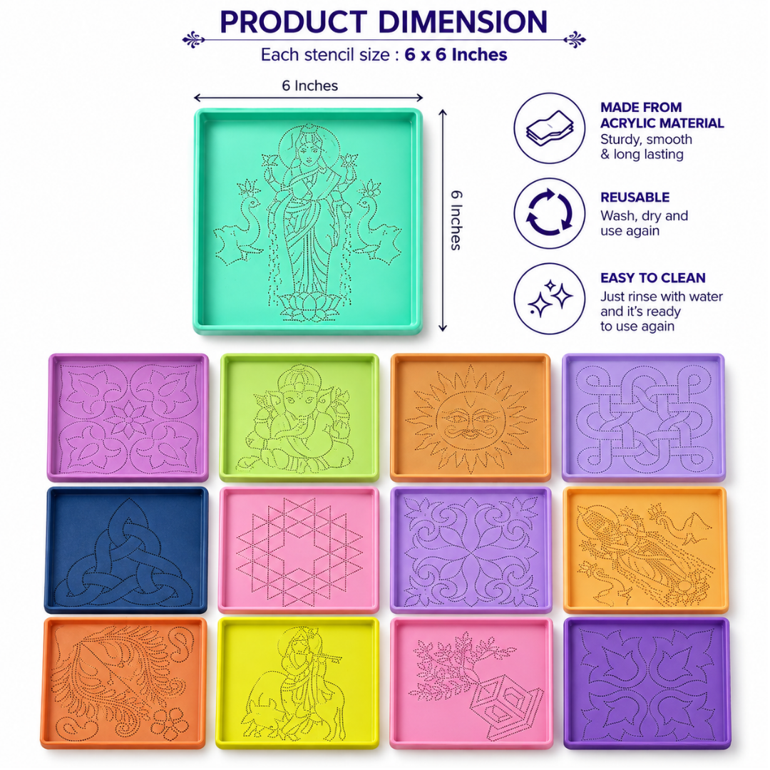 Kit de Fabricación de Rangoli | Rangoli Making (Stencil) Square Acrylic Dotted Kolam Rangoli Kit (1 Piece, Ready to Draw) 6inches