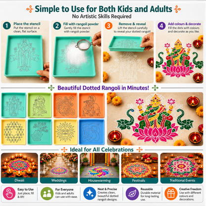 Kit de Fabricación de Rangoli | Rangoli Making (Stencil) Square Acrylic Dotted Kolam Rangoli Kit (1 Piece, Ready to Draw) 6inches