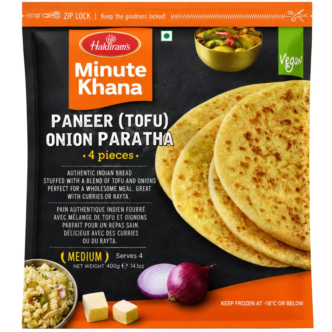 Pan relleno de Tofu y Cebolla con especias (Congelado) | Paneer (Tofu) Onion Paratha 400g/4pcs. Haldiram's (Frozen)