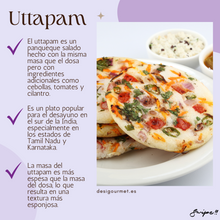 Load image into Gallery viewer, El uttapam se hace con la masa preparada para idli y dosa de 500g, con cebollas, tomates y cilantro.