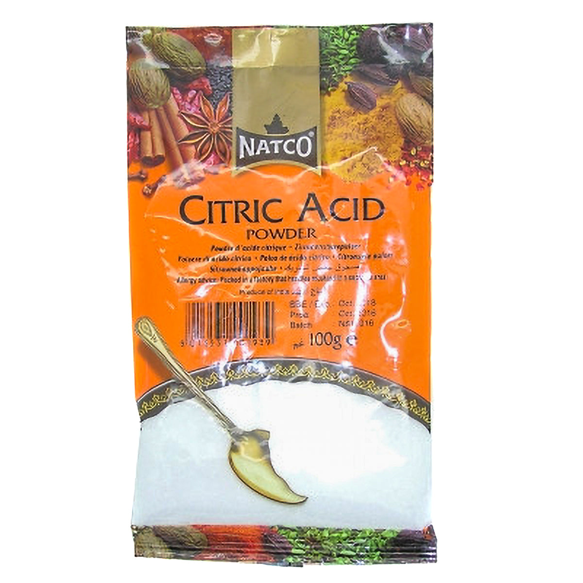 Image of a 100g package of Natco Citric Acid Powder, a versatile ingredient often used in cooking and preserving foods. The packaging features vibrant images of spices like cinnamon, star anise, and cardamom, highlighting the product's connection to authentic and flavorful Indian cuisine. The orange and gold design adds a touch of warmth, with a small golden spoon scooping the white citric acid crystals at the bottom.