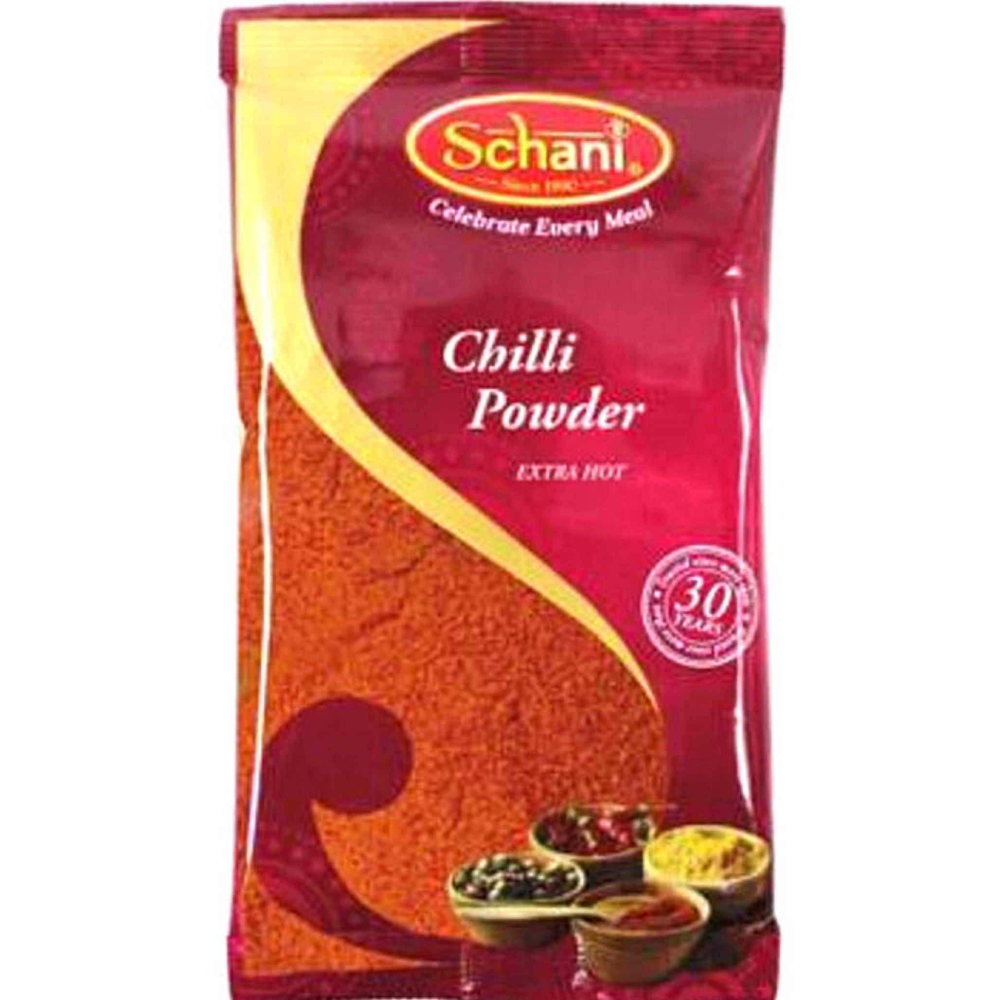 Schani Chilli Powder Extra Hot, 100g packaging. A maroon-colored packet with bold golden and red accents, highlighting the product's strong, spicy flavor, perfect for adding heat to a variety of dishes. Celebrating 30 years of quality, the package displays small bowls of spices at the bottom.