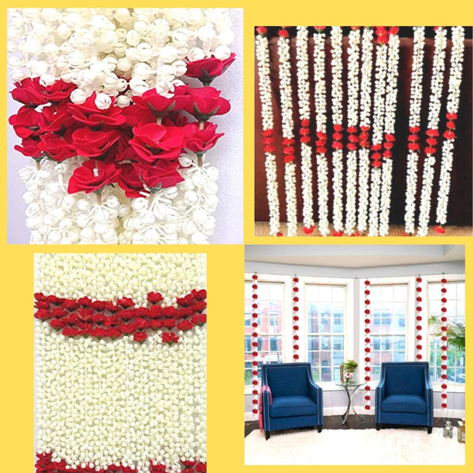 Cuerdas de Guirnalda de Flores Artificiales | Mogra artificial jazmín con guirnalda de flores rojas Toran ladi para decoración del hogar. (1 Strings, appxo.5 ft)