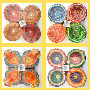 Clay Diya (lamp) | Pooja Decorated Diwali Mitti Diya set of 4pcs.