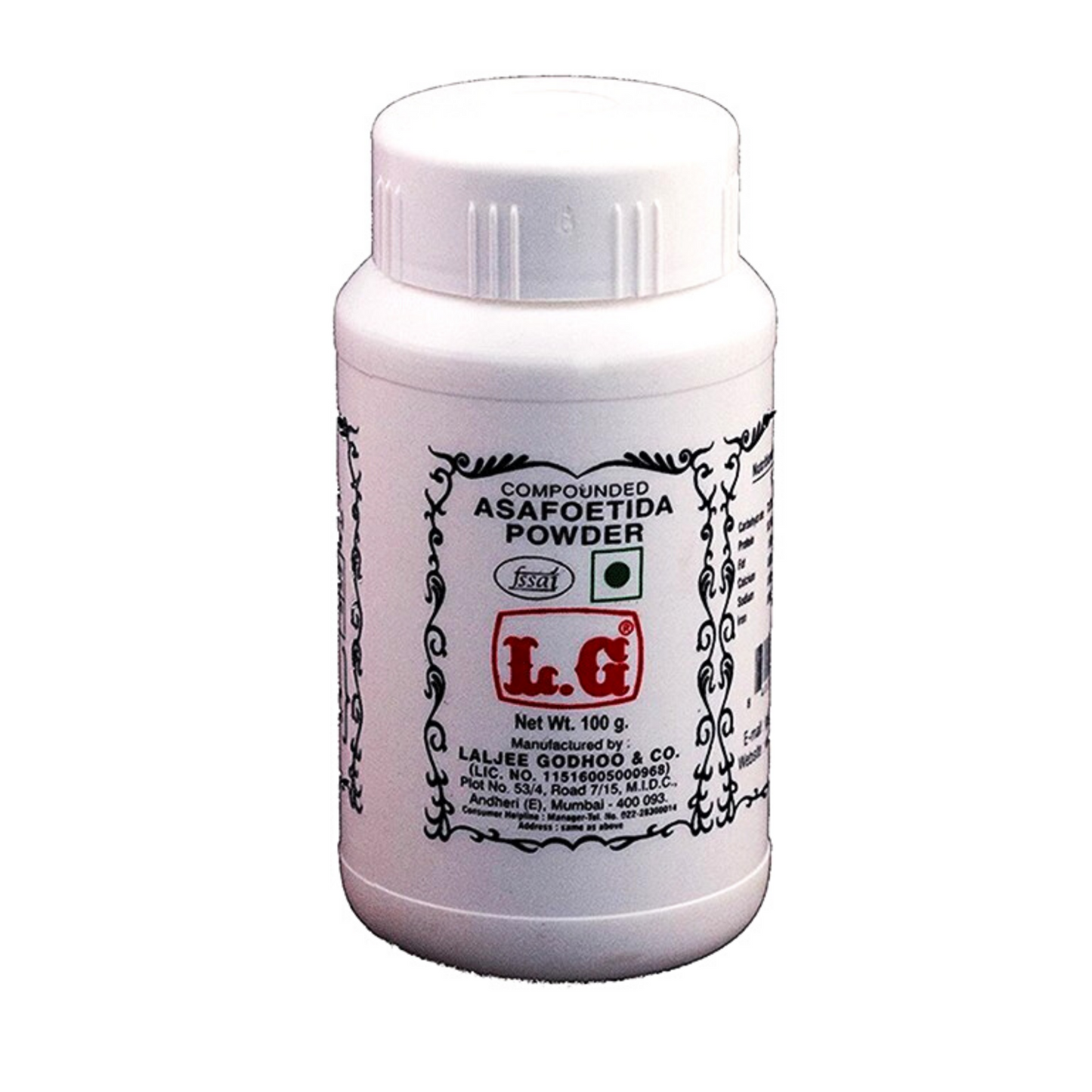 Un frasco de L.G Polvo de Asafoetida Compuesto, 100g. Usado para sazonar en la cocina india, este producto agrega un profundo sabor umami a los platos.