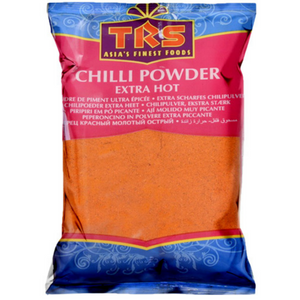 Alt Text (English):
"Package of TRS Extra Hot Chilli Powder, 1kg. The packaging features a bright red background with traditional TRS branding and text highlighting 'Extra Hot Chilli Powder.' Suitable for adding intense heat to dishes."

Alt Text (Spanish):
"Paquete de Chile en Polvo Extra Picante TRS, 1kg. El envase presenta un fondo rojo brillante con el logotipo tradicional de TRS y texto que destaca 'Chile en Polvo Extra Picante.' Ideal para añadir un calor intenso a los platos."