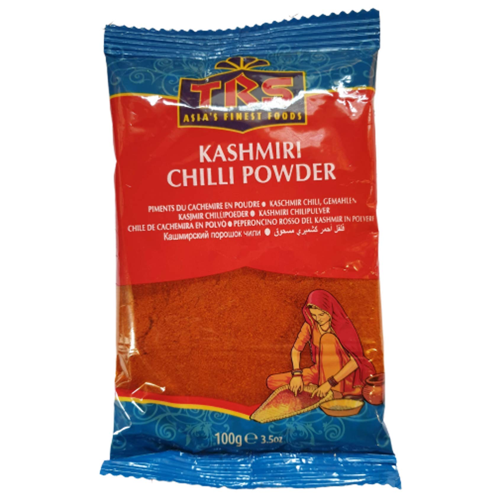 English: "A package of Kashmiri Chilli Powder from TRS, 100g. Known for its mild heat and vibrant red color, it's a popular spice for adding rich color and flavor to curries and tandoori dishes."
Spanish: "Paquete de Chile de Cachemira en Polvo de TRS, 100g. Conocido por su picante suave y color rojo vibrante, es una especia popular para añadir color y sabor a curries y platos tandoori."